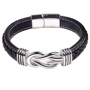 Leather with Stainless Steel Celtic Knot Bracelet - Black